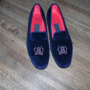 Mens Shipton & Heneage Blue Velvet Loafers Gold Embroidered Slipper Shoes Sz 13